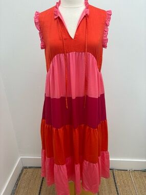 THML Colorblock Tiered Midi Dress in Orange and Pink